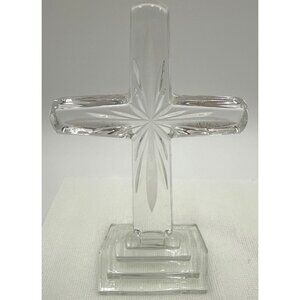 Clear Glass Cross Figurine With Etched Star Detail On Rectangular Base 8.5" Tall
